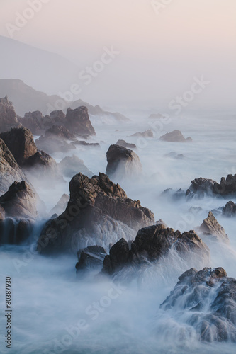 The Pacific Ocean coastline, with waves crashing against the shore.  #80387930