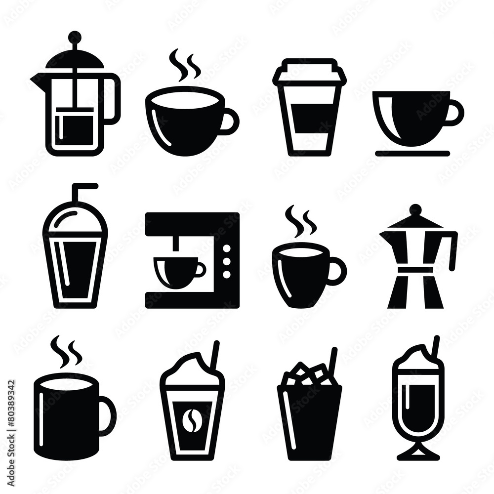 Coffee drinks, coffee makers icons set