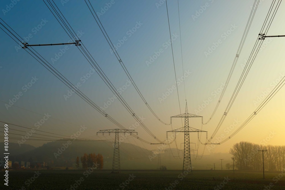 High-voltage transmission line, early in the morning