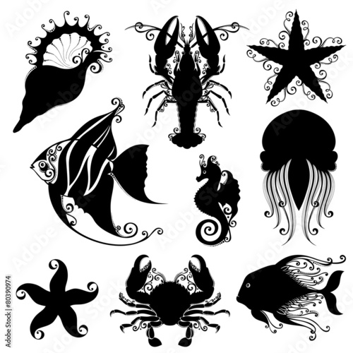 Vector Set of Ornate Sea Animals. Stencils Isolated on White Bac