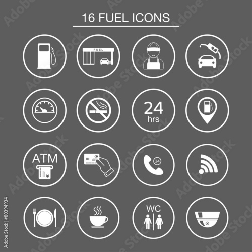 16 gas station icons. Fuel silhouette icons. Vector