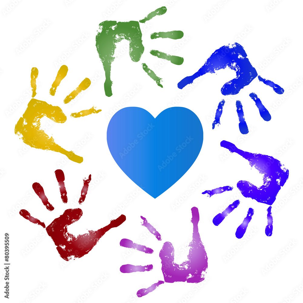 Conceptual children painted hand print and heart isolated Conceptual children painted hand print and heart isolated