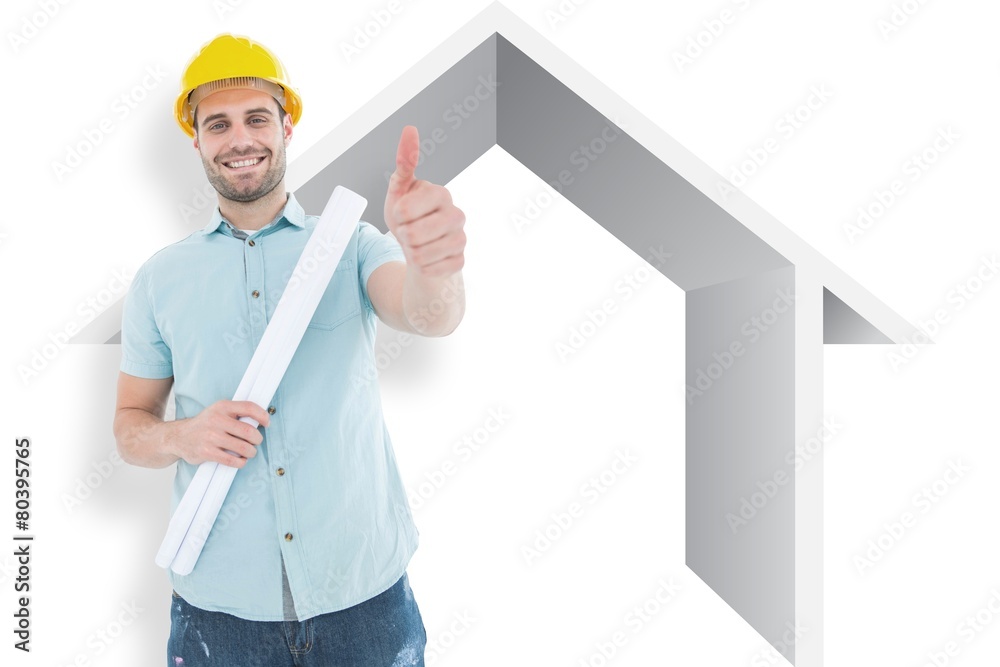 Male architect with blueprint gesturing thumb up Male architect with blueprint gesturing thumb up