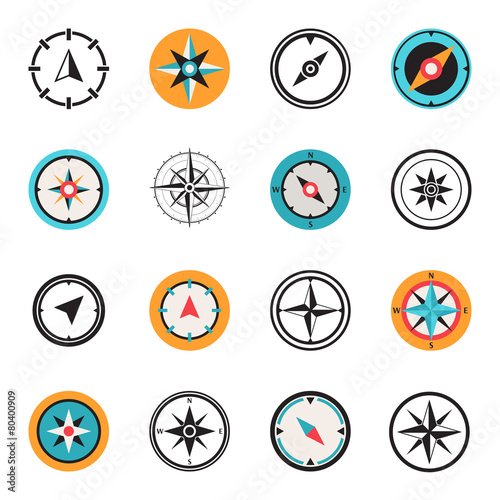 Wind rose compass flat vector symbols set