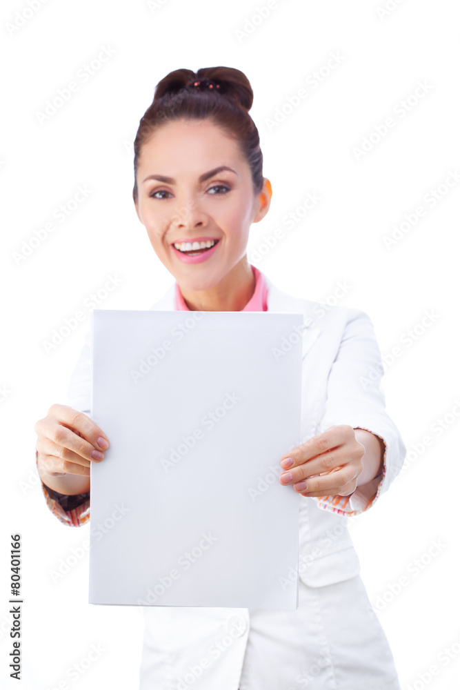 Smiling businesswoman holding blank whiteboard sign. All Smiling businesswoman holding blank whiteboard sign. All