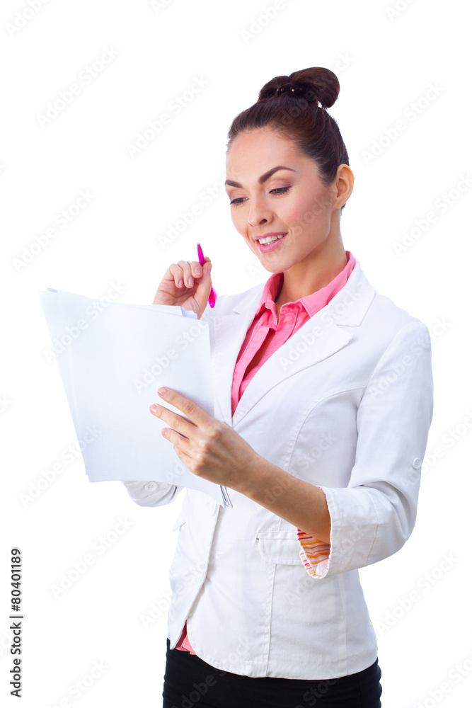 Friendly woman holding papers. All isolated on white background. Friendly woman holding papers. All isolated on white background.