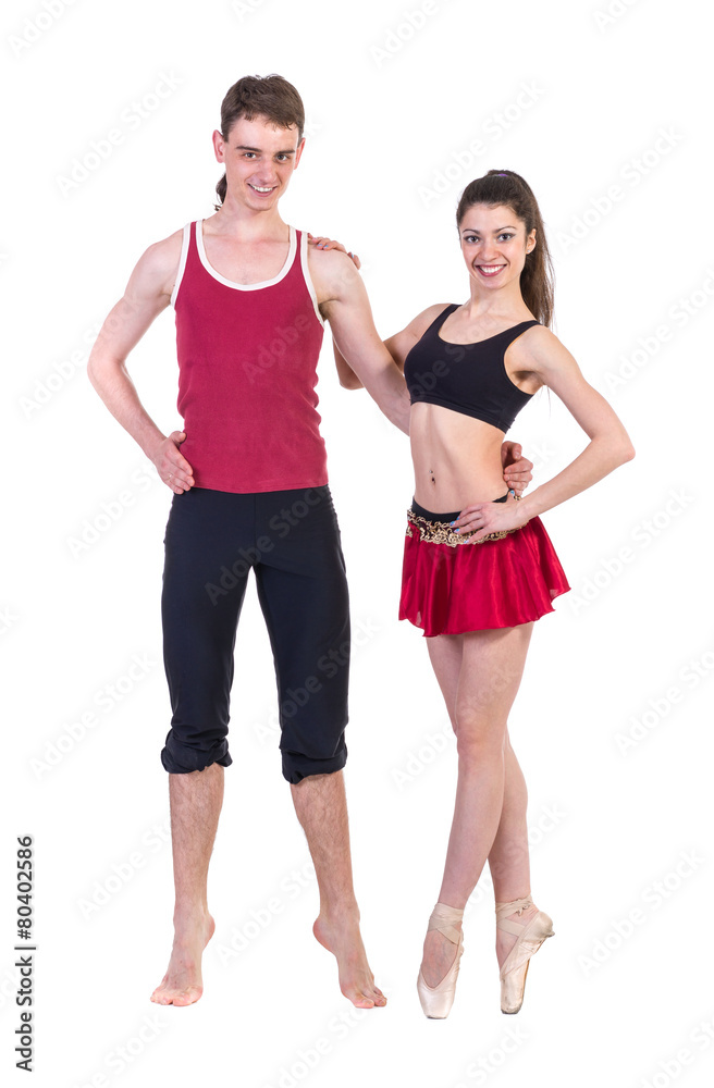 Full length of young ballet couple dancing on white background Full length of young ballet couple dancing on white background