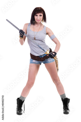 young warrior woman holding sword, isolated on white
