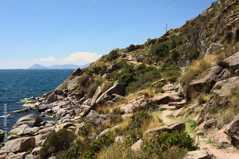 Rocky coastline of Lake Titicaca close to Copacabana in Bolivia