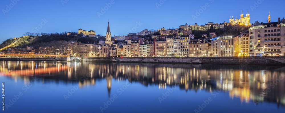 Panoramic view of Lyon with Saone river by night