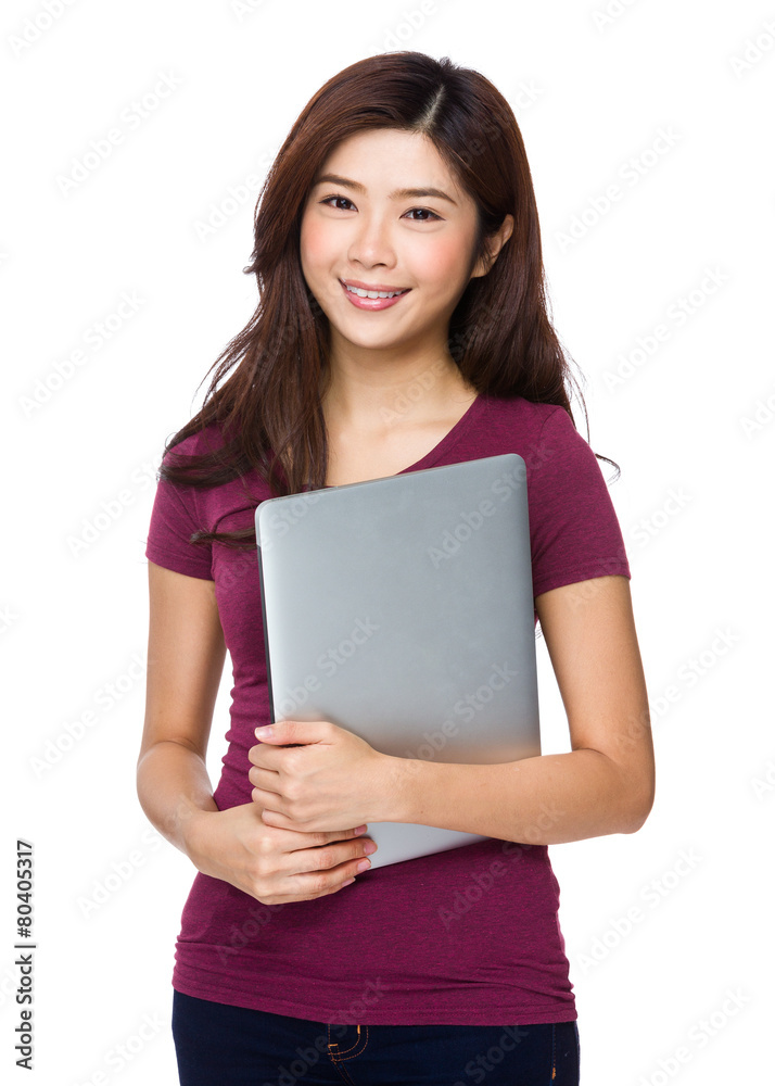 Asian woman student with holding a computer Asian woman student with holding a computer