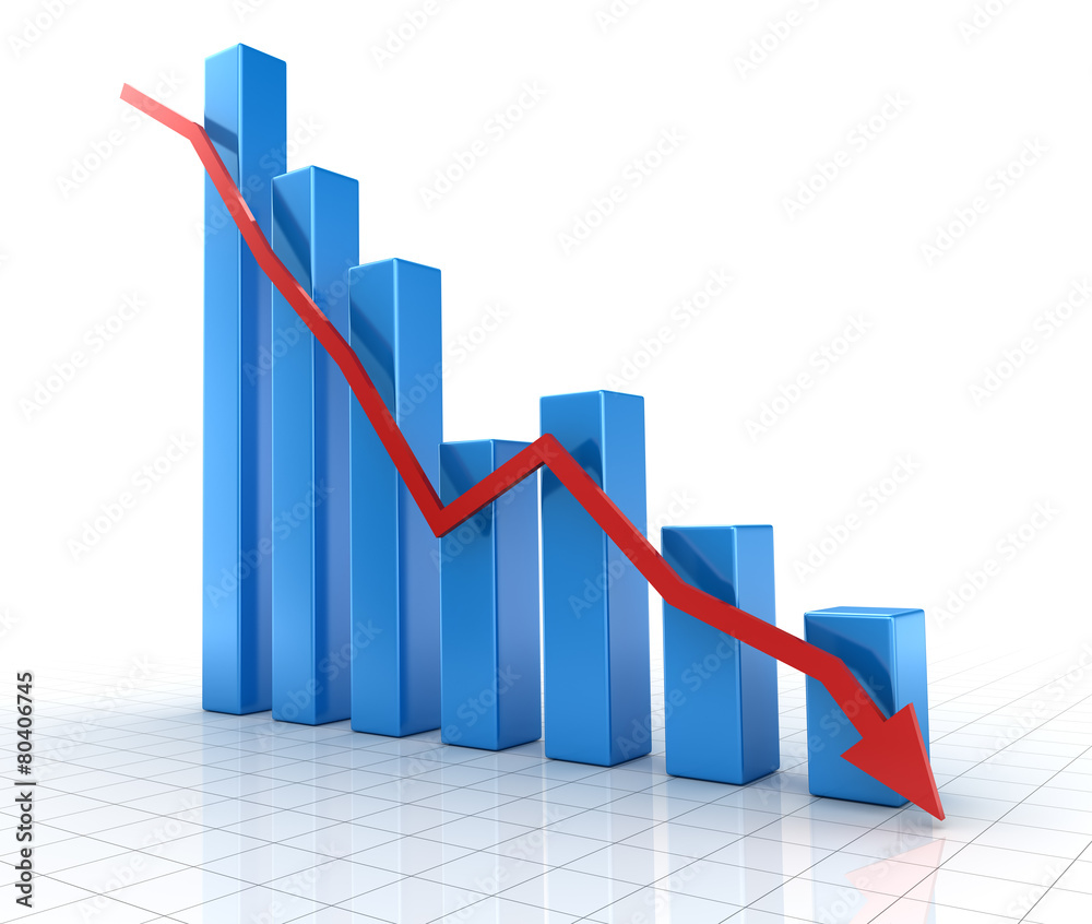 Falling blue chart with down red arrow Falling blue chart with down red arrow