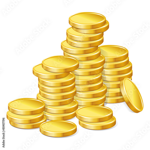 Stacks of gold coins on white background