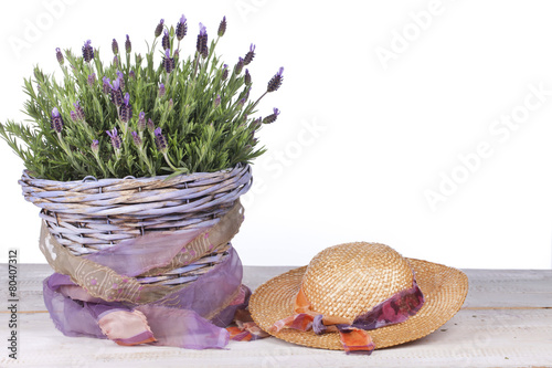 Fototapeta Naklejka Na Ścianę i Meble -  Lavendel in lila Körbchen auf Holzuntergrund isoliert