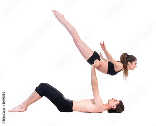 couple man and woman exercising fitness dancing on white