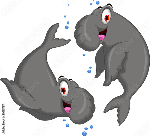 cute two elephant seals cartoon swimming