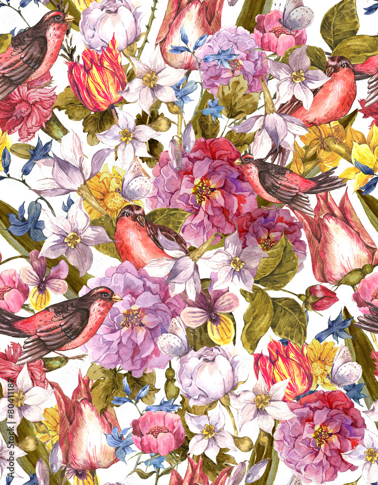 Floral Vintage Seamless Background with Bird