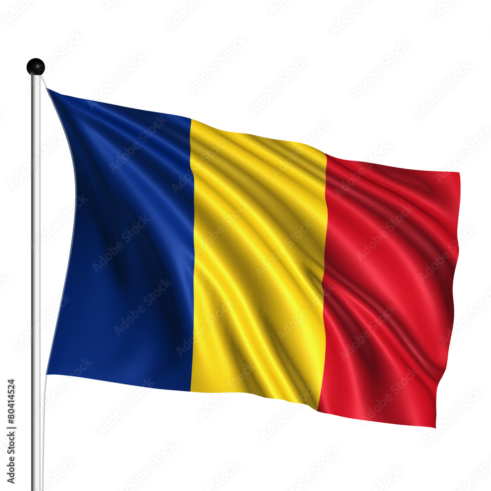 Romania flag with fabric structure on white background