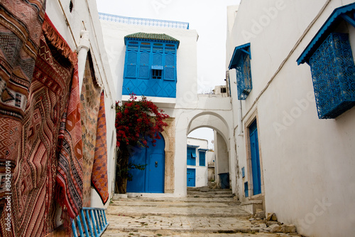 Blue doors, window and white wall of building in Sidi Bou Said,