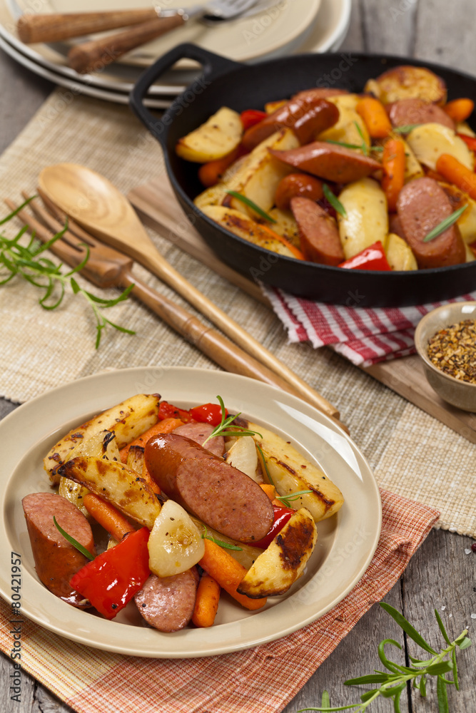 Roasted Potato and Sausage Dinner. Selective focus.