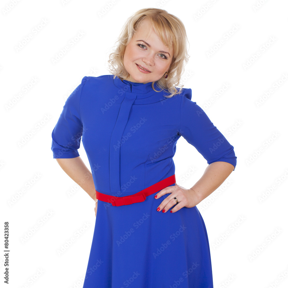 Blonde woman portrait in blue dress