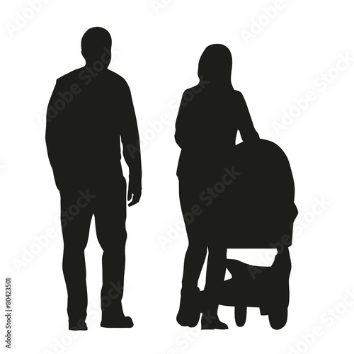 Parents walking with stroller. Vector silhouette