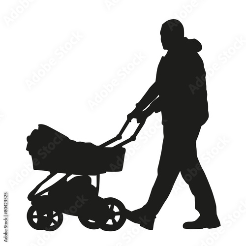 Man with a pram. Vector silhouette