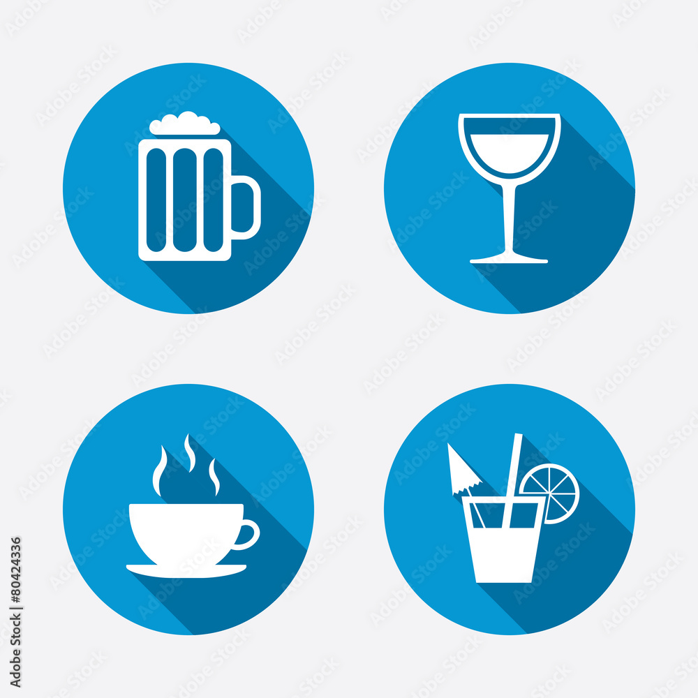 Drinks signs. Coffee cup, glass of beer icons. Drinks signs. Coffee cup, glass of beer icons.