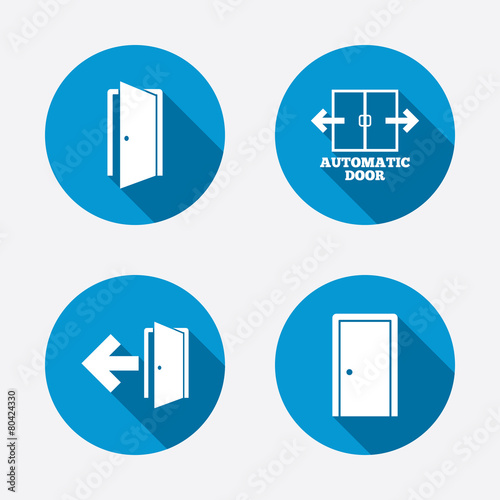 Doors signs. Emergency exit with arrow symbol.