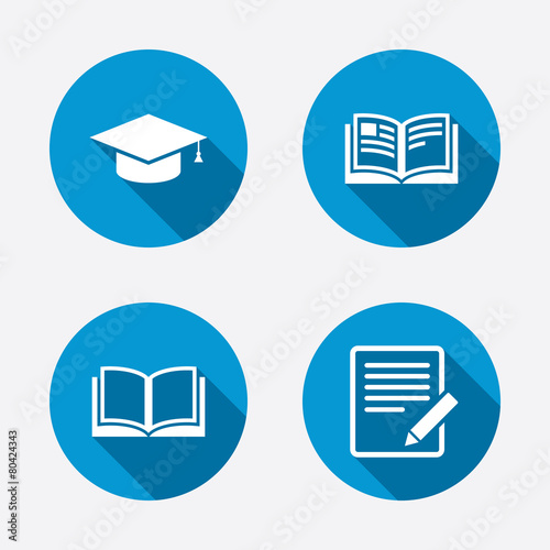 Pencil and open book signs. Graduation cap icon.