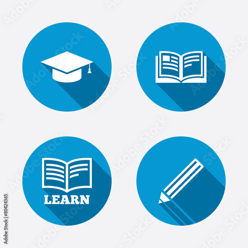 Pencil and open book signs. Graduation cap icon.