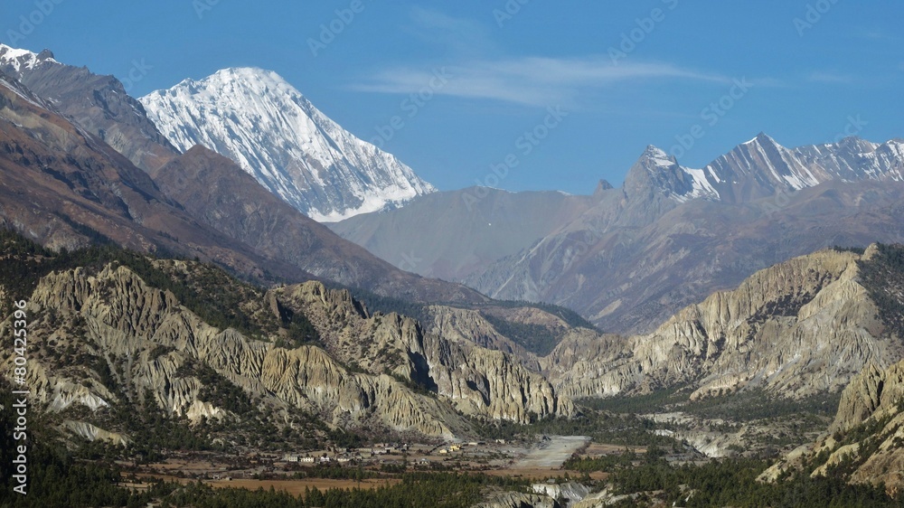 Hongde airport , limestone cliffs and snow capped Tilicho Peak