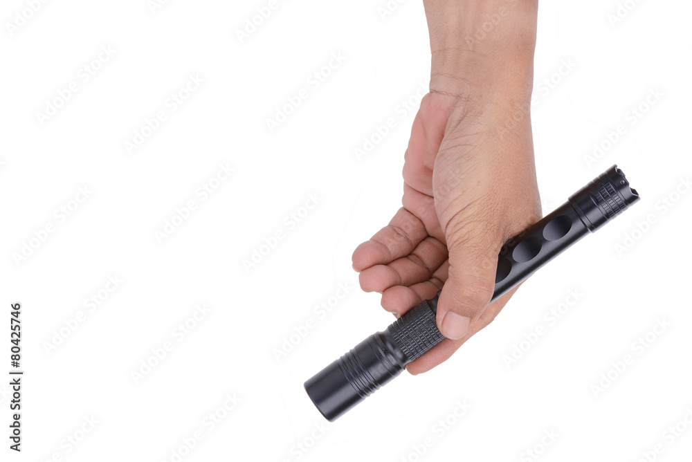 tan skin hand male with Flashlight Black, isolated on white back tan skin hand male with Flashlight Black, isolated on white back