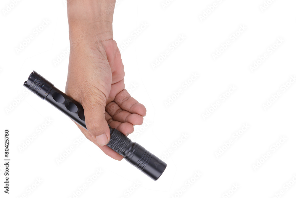 tan skin hand male with Flashlight Black, isolated on white back tan skin hand male with Flashlight Black, isolated on white back