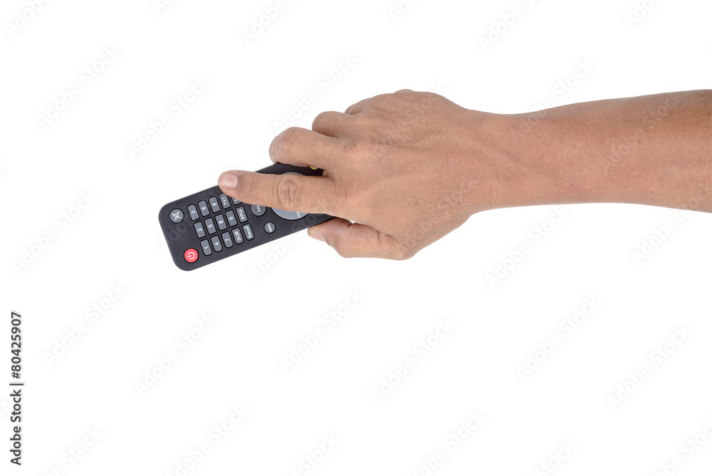 tan skin hand male with remote tv control, isolated on white bac tan skin hand male with remote tv control, isolated on white bac