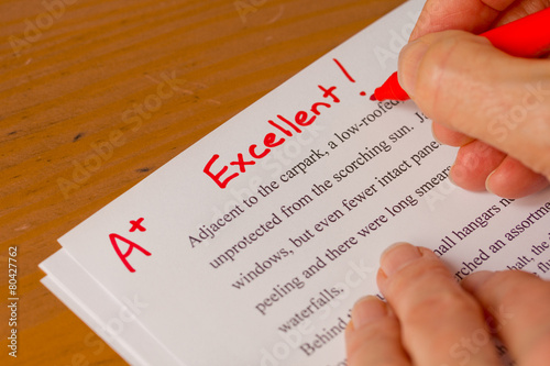 Hand with Red Pen Grading Papers with Excellent photo