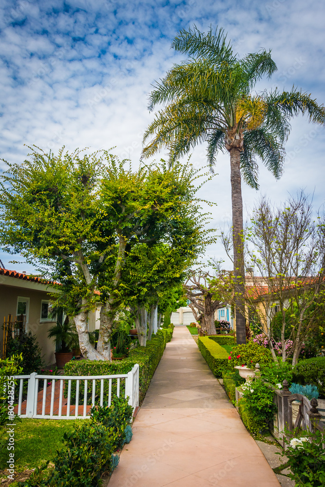 Gardens and houses along walkway, on Lido Isle, in Newport Beach