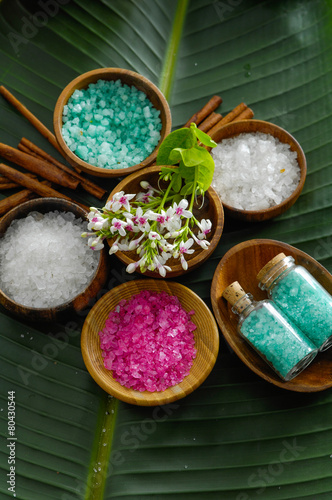 colorful sea salt ,flower in wooden bowl with cinnamon, salt in glass on banana leaf 