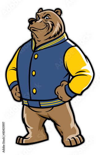 bear school mascot wearing varsity jacket