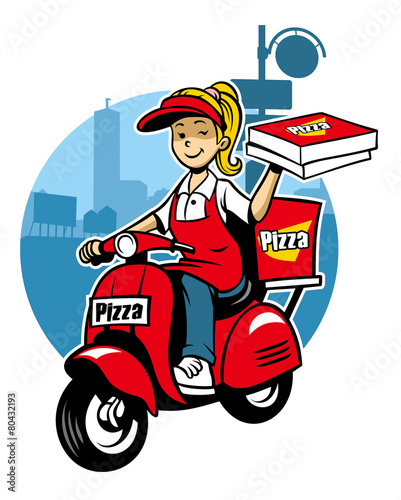 girl as a pizza delivery service ride a scooter