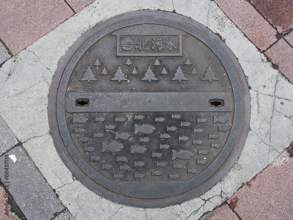 manhole drain cover on the street at Ximen in Taipei, Taiwan.