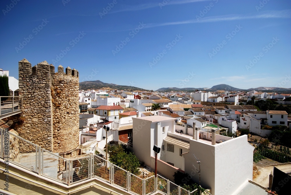 Castle battlements and part of town, Cabra, Spain.