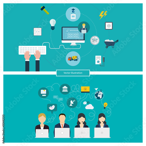 Concept of social media network, project management, building