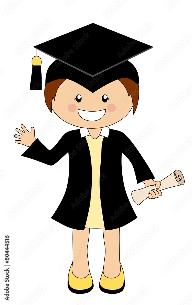 Cartoon girl in cap and gown graduate holding a scroll diploma Stock Vector  | Adobe Stock