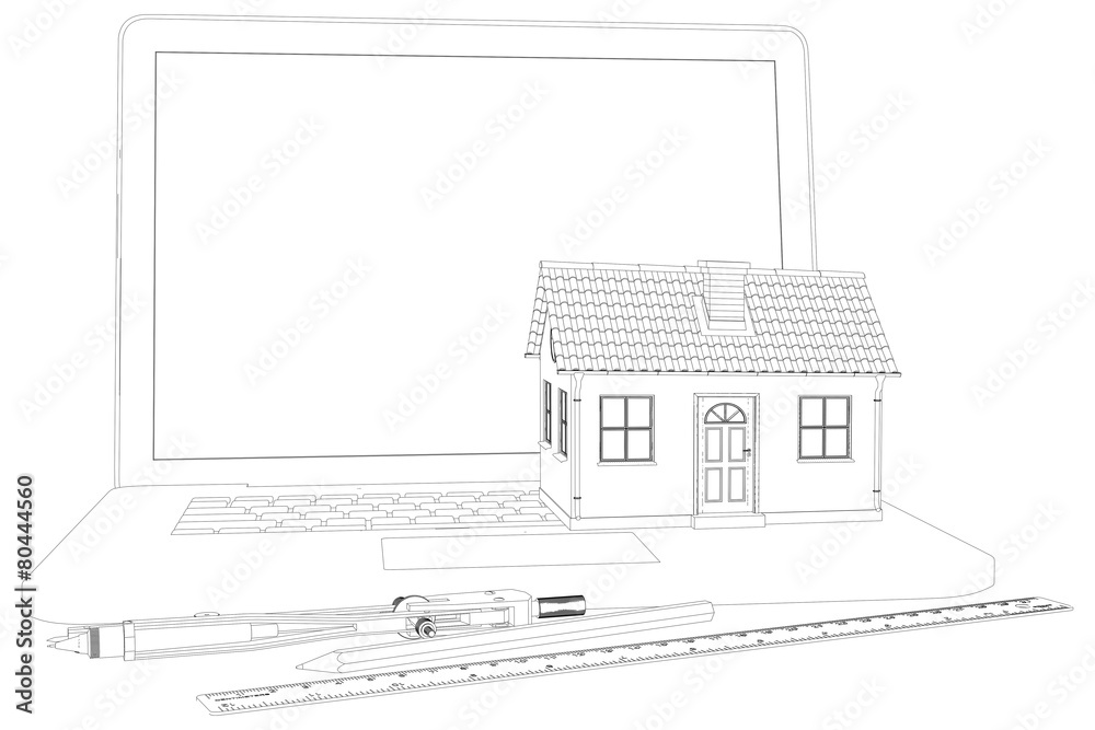 Sketch of house, laptop and engineer tools. Vector illustration