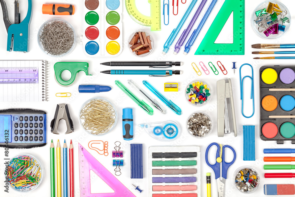 school tools on white background top view school tools on white background top view