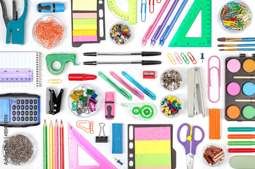 school tools on white background top view