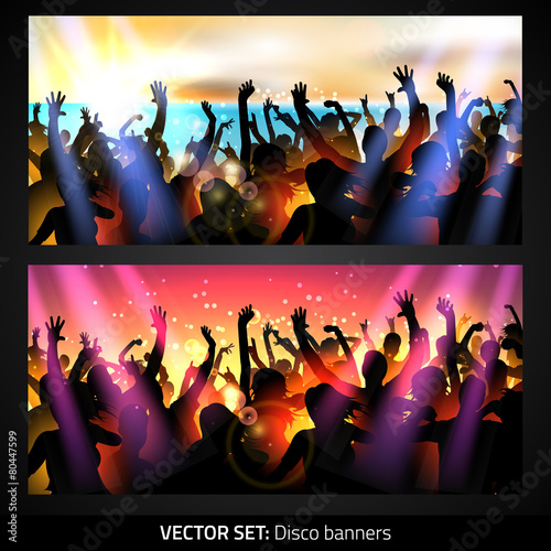 Banner set with silhouettes of dancing people on beach