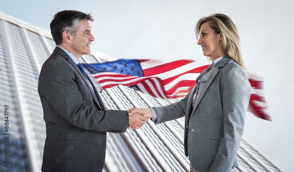 Pleased businessman shaking the hand of content businesswoman Pleased businessman shaking the hand of content businesswoman