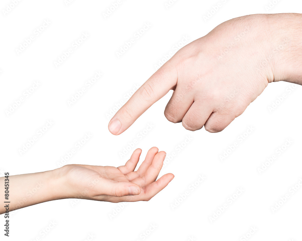 small child's hand reaches for the big hand man 